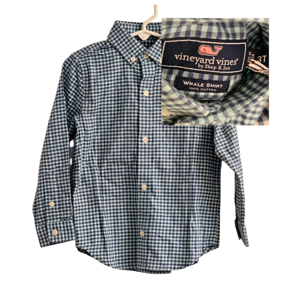 Vineyard Vines Button Down Shirt Oxford Flannel Shirt Blue Green Boy's Size 3T